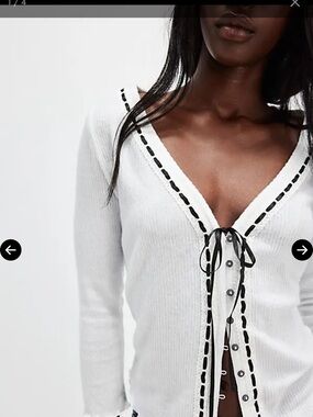 White Ribbed Tie-Front Cardigan with Black Trim